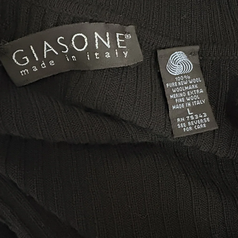 Giasone Mens 100% Pure New Wool Turtleneck Sweater Size L Black Ribbed Italy